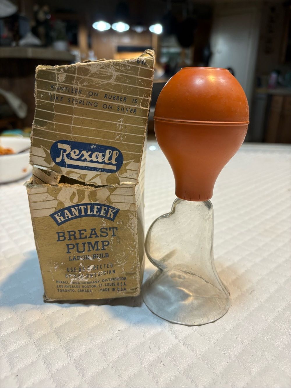 vintage Rexall Kantleek manual breast pump, manufactured in the USA